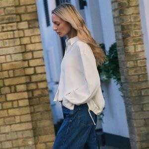 ZARA CREPE TIE SHIRT Oyster WHITE MEDIUM Side Vents Back Drawstring